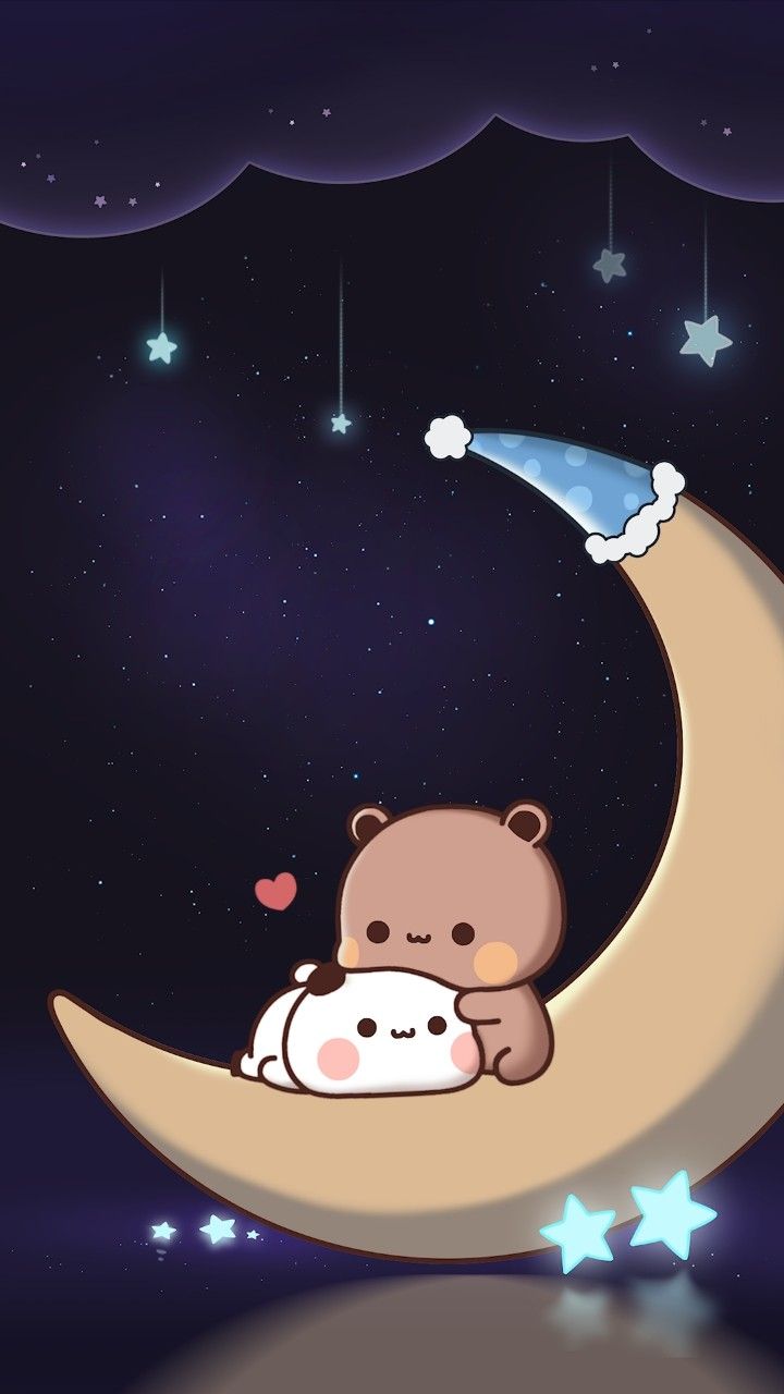 a teddy bear sitting on the moon with stars in the background