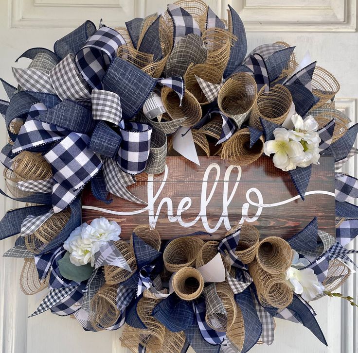 a blue and white wreath with the word hello on it