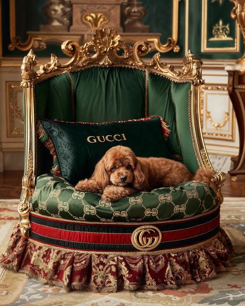 a dog laying on top of a green cushion in a chair with gold trimmings