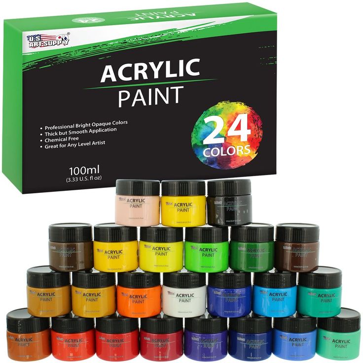 the 24 colors of acrylic paint are shown in front of an open box