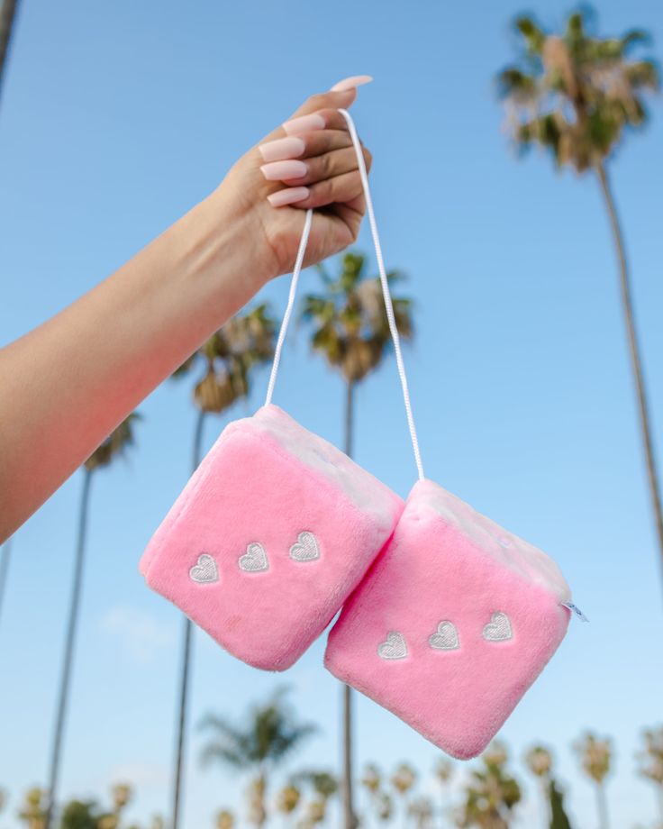 two pink hearts are hanging from a string in front of palm trees and blue sky