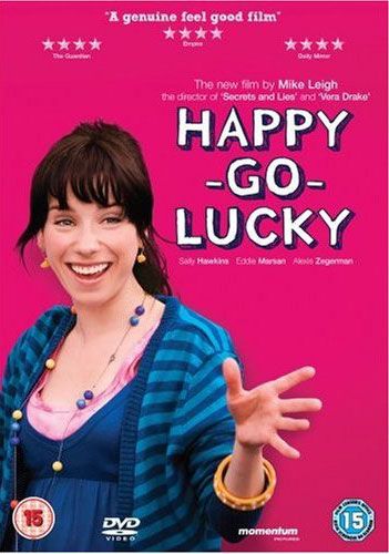 happy go lucky movie poster with a woman smiling and holding her hands out in the air