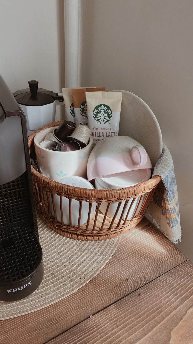 a basket filled with personal care items on top of a wooden table