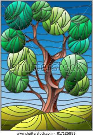 a stained glass window with an abstract tree on the background of green hills and blue sky