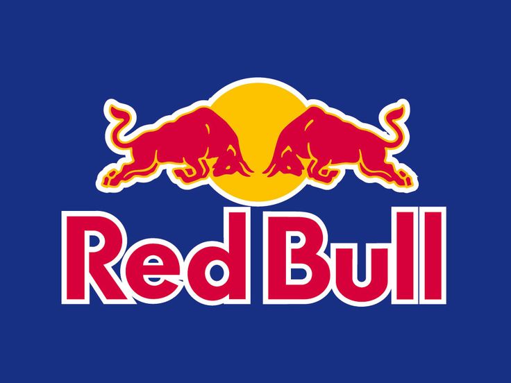 red bull logo on a blue background with yellow and red bulls in the bottom right corner