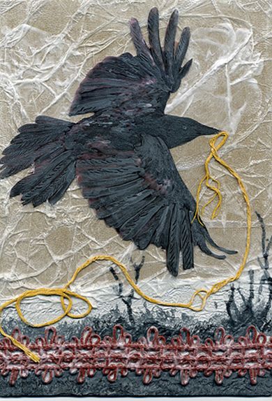 a painting of a black bird with yellow string