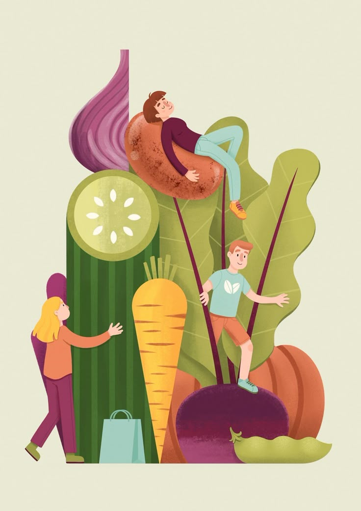 two people are climbing up the side of a giant plant with vegetables and other things