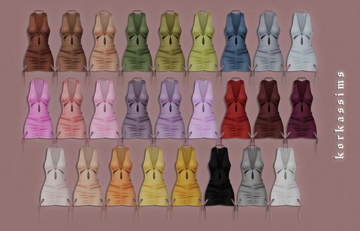 an assortment of different colored dresses with bows on the front and back, all in various colors