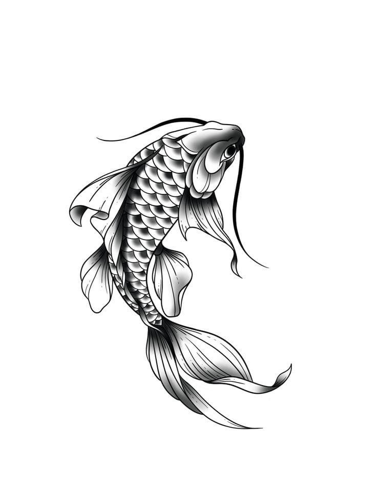 a black and white drawing of a koi fish with its tail curled in the air