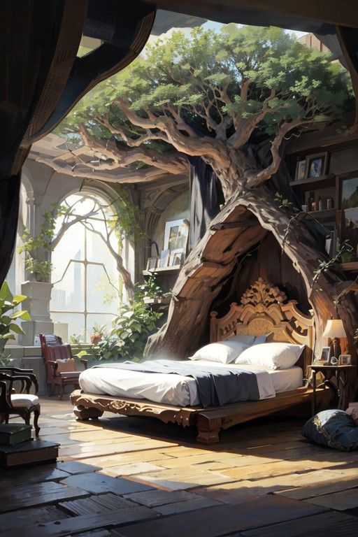 an artistic bedroom with a bed made out of trees