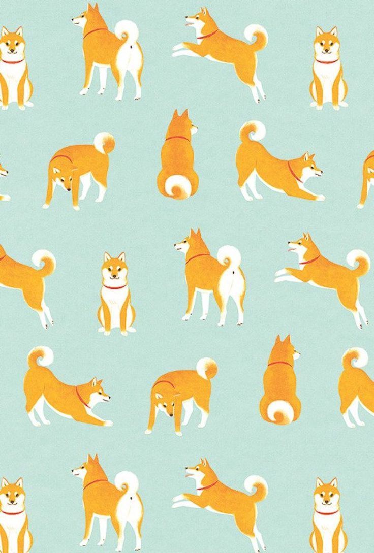 an orange and white dog on a blue background with other dogs in the same pattern