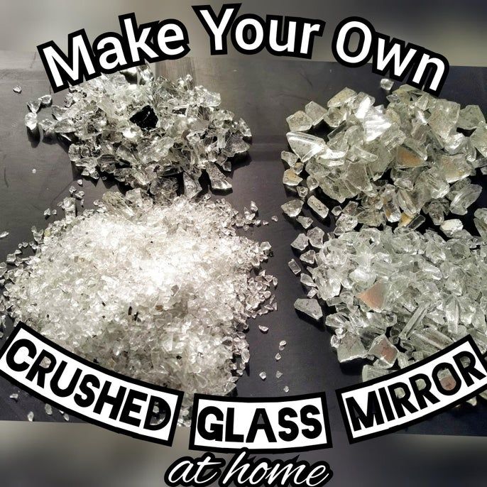 two pieces of crushed glass sitting on top of a metal tray with the words, make your own crushed glass mirrors at home