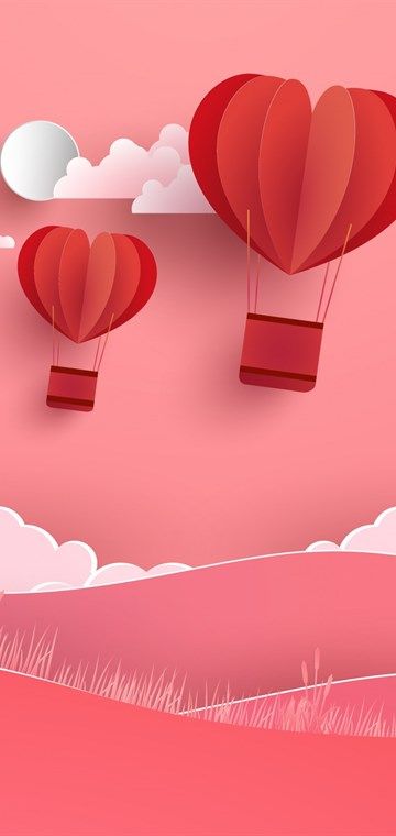 two red hot air balloons floating in the sky with clouds and grass on pink background