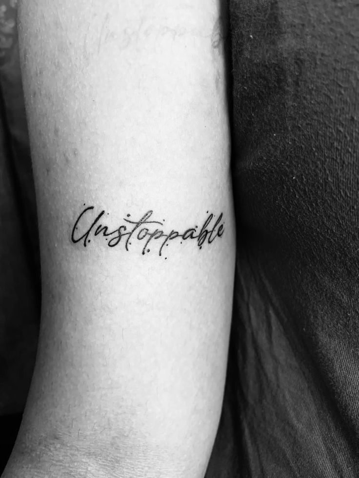 #unstoppabletattoo #tattooideas #tattoo #boldtattoo #onewordtattoo #symboltattoo Uplifting Tattoo Quotes, Positive Word Tattoos For Women, Unstoppable Tattoo Font, Unstoppable Tattoo Ideas, I Was Not Built To Break Tattoo, Unstoppable Tattoo, Nails And Tattoos, Women Half Sleeve, Quote Tattoo