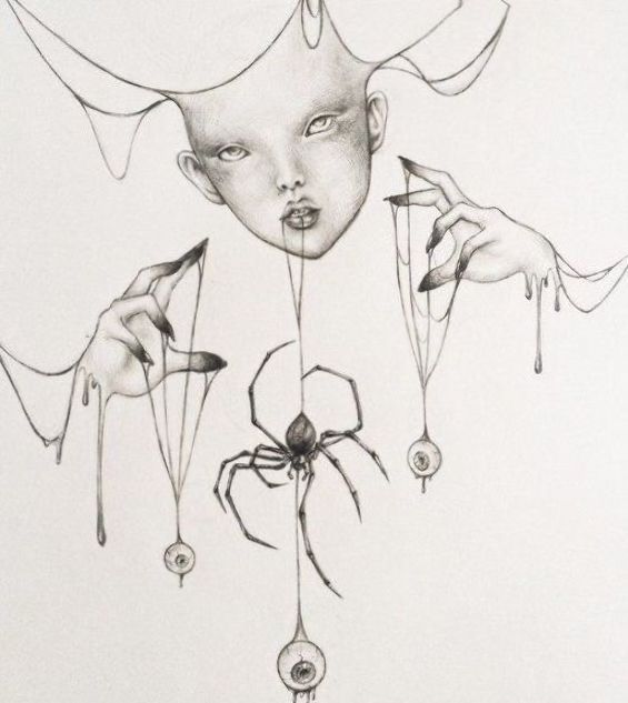 a drawing of a woman's face and hands with spider on it