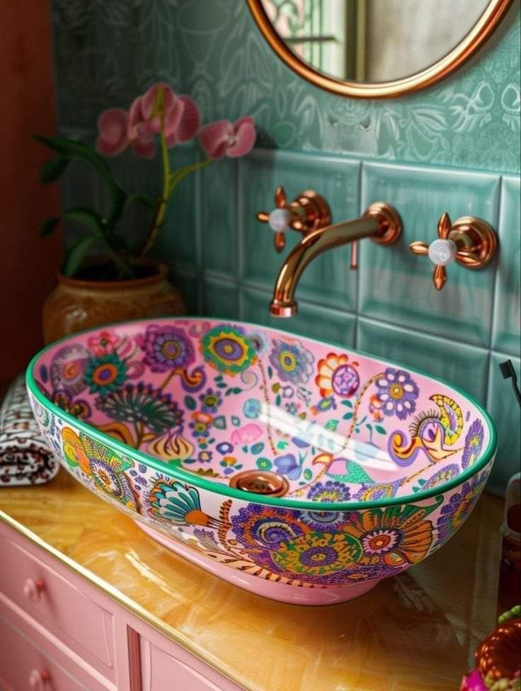 a colorful sink in front of a mirror