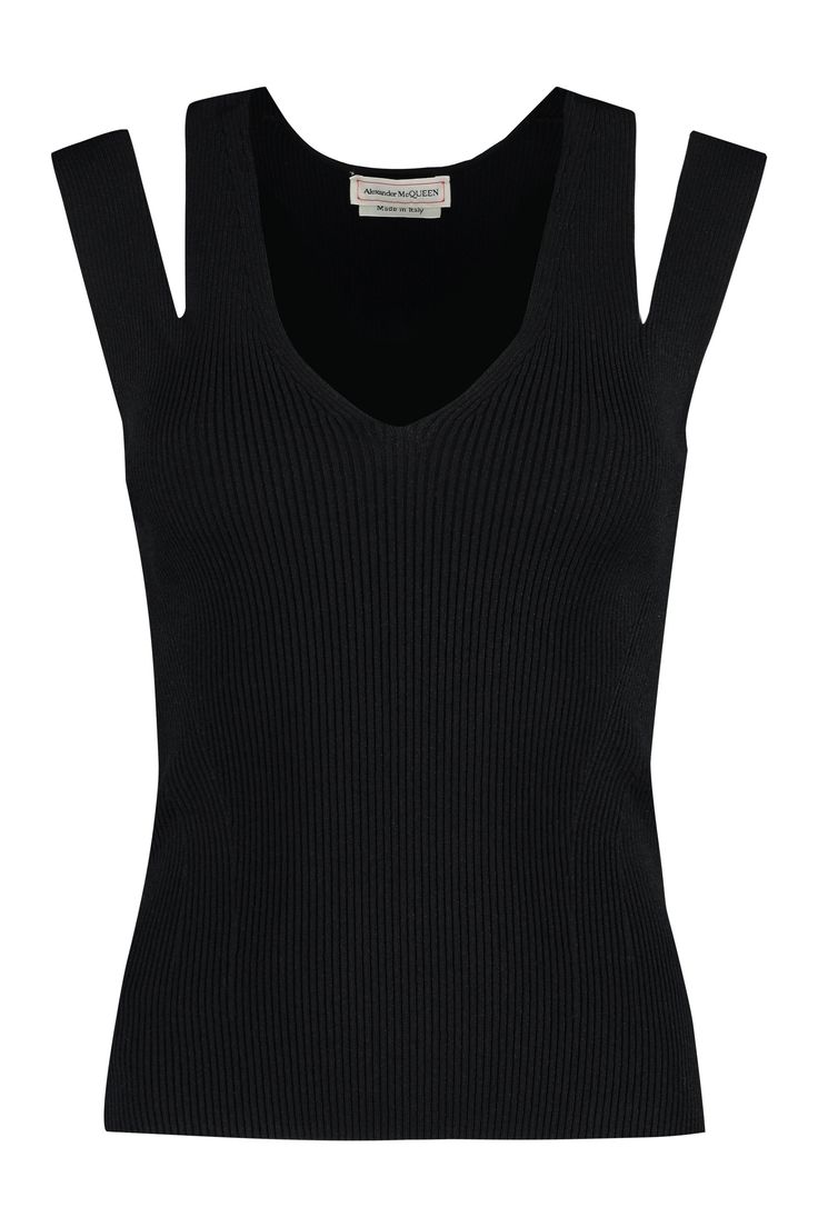 1000 ALEXANDER MCQUEEN RIBBED KNIT TOP Black Sleeveless Top, Ribbed Knit Top, Sleeveless Tops, Emilio Pucci, Sweaters Knitwear, Black Rib, Casual Elegance, Womens Fall, Knitwear Women