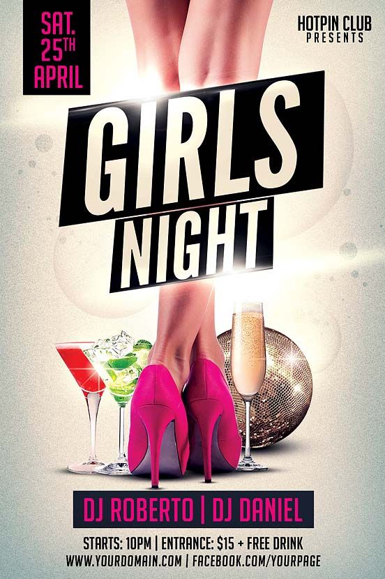 a poster for girls night with high heeled shoes and cocktails