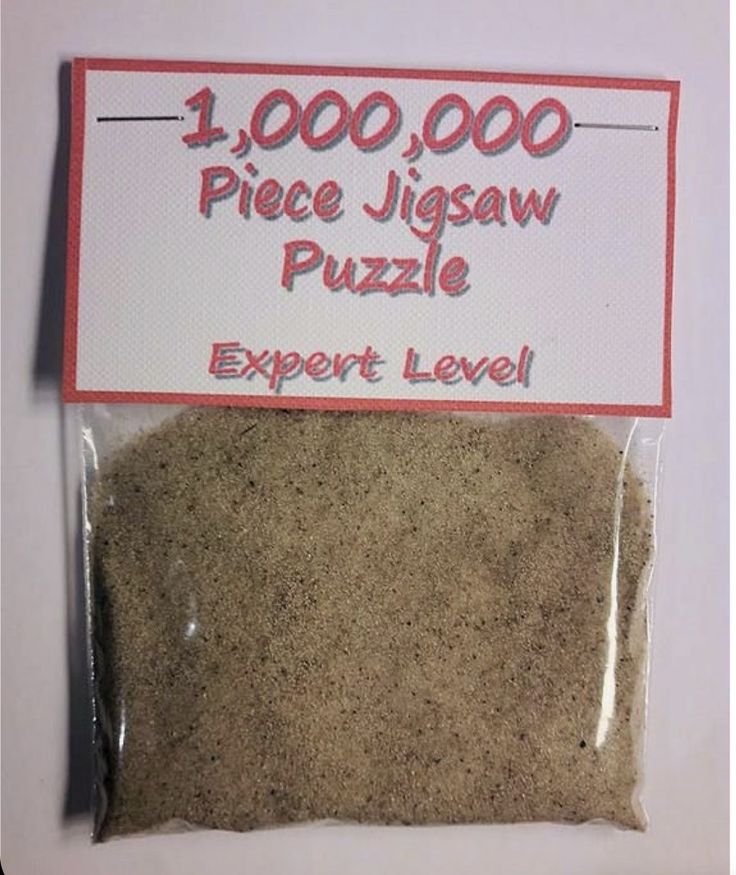 a bag of brown rice sitting on top of a white table next to a sign that reads 1, 000, 000 piece jigsaw puzzle expert level