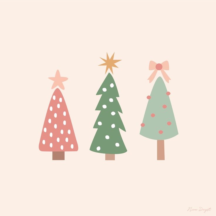 three christmas trees with bows on them and one has a star in the top right corner