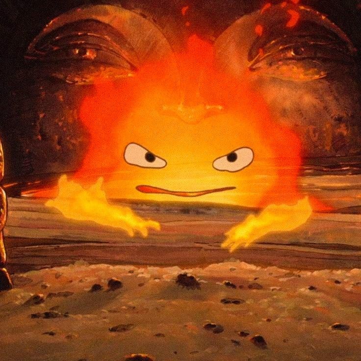 a cartoon character standing in front of a fire with an evil face on it's chest