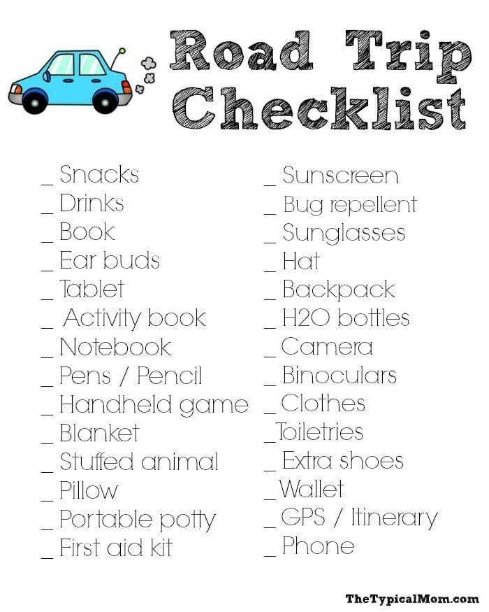 the road trip checklist is shown in black and white with an image of a blue car