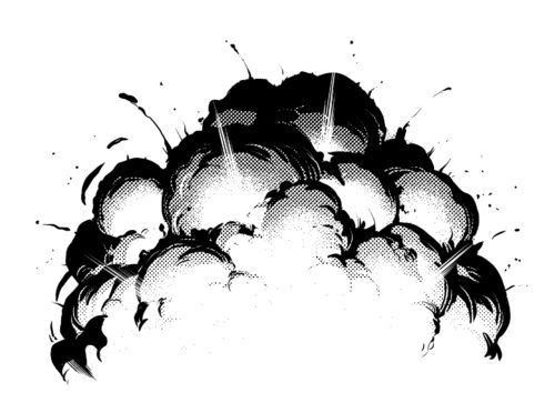 black and white illustration of an exploding apple