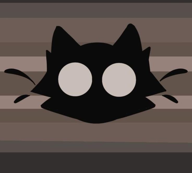 a black cat with big eyes peeking out from behind a striped wallpapered background