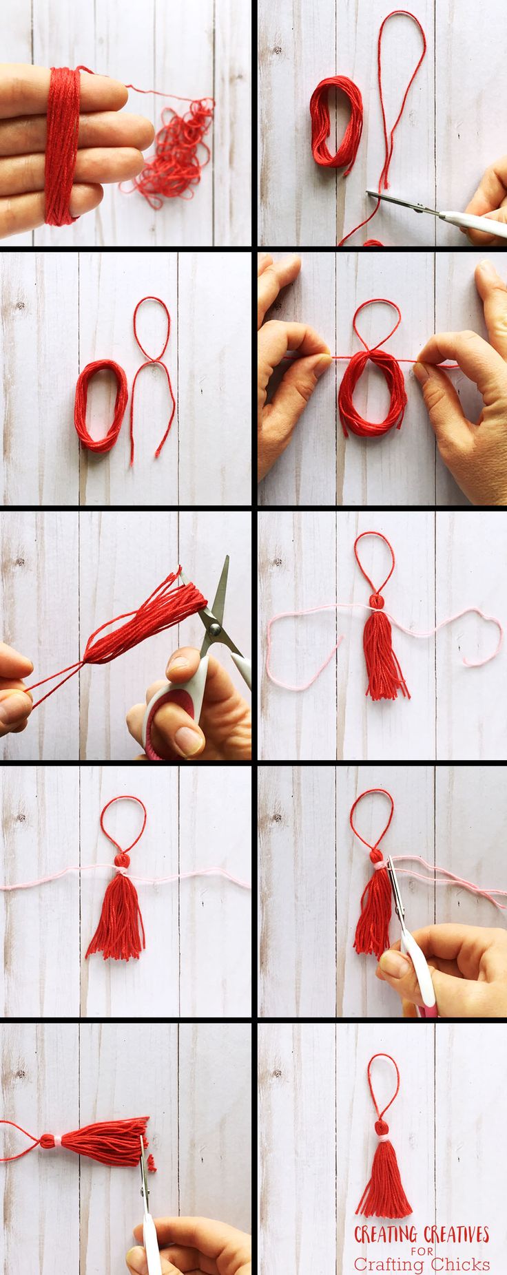 the steps to make an ornament with yarn and scissors