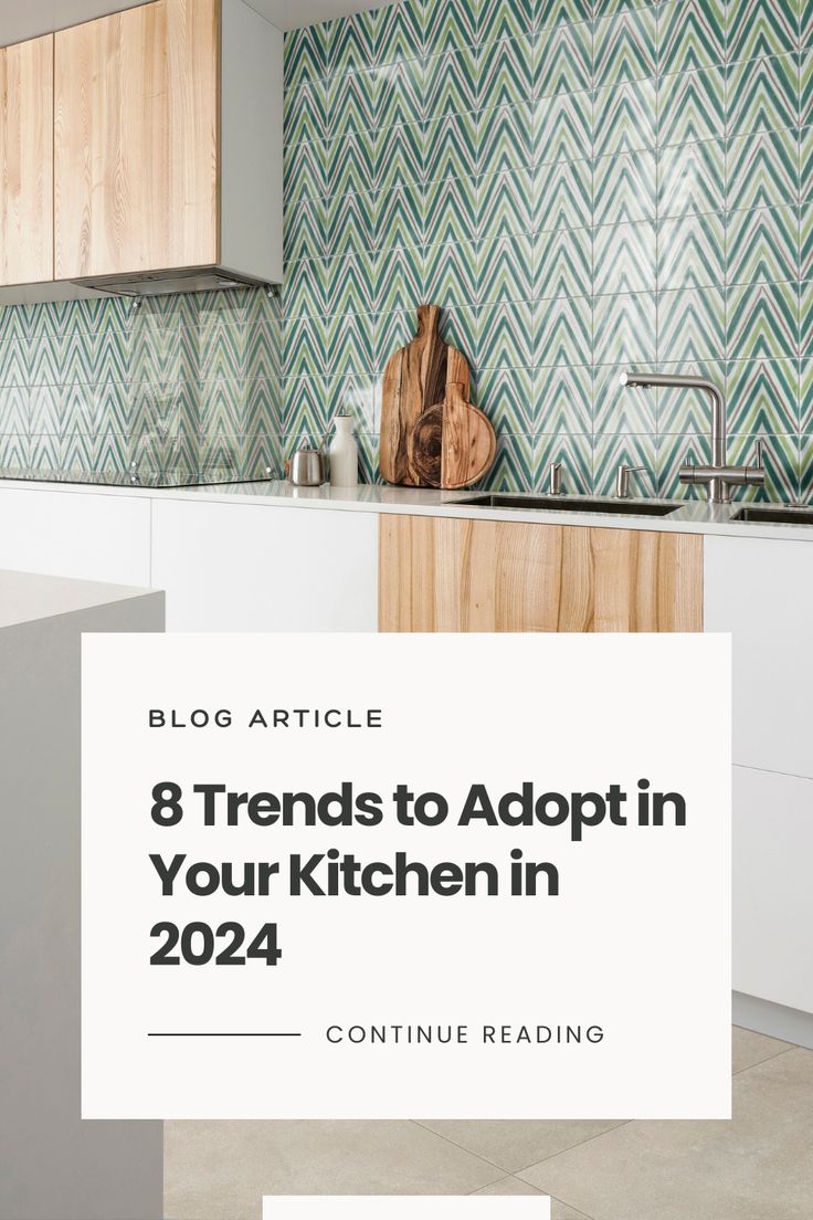 a kitchen with white cabinets and green chevron tile on the backsplash is featured in an article about 8 trending options to adopt in your kitchen in 2021