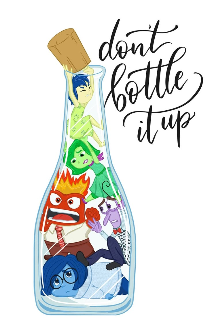 a bottle filled with cartoon characters and the words, don't bottle it up