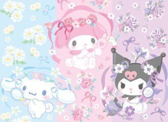 three cartoon animals are standing in front of flowers and butterflies on a pink, blue, and purple background