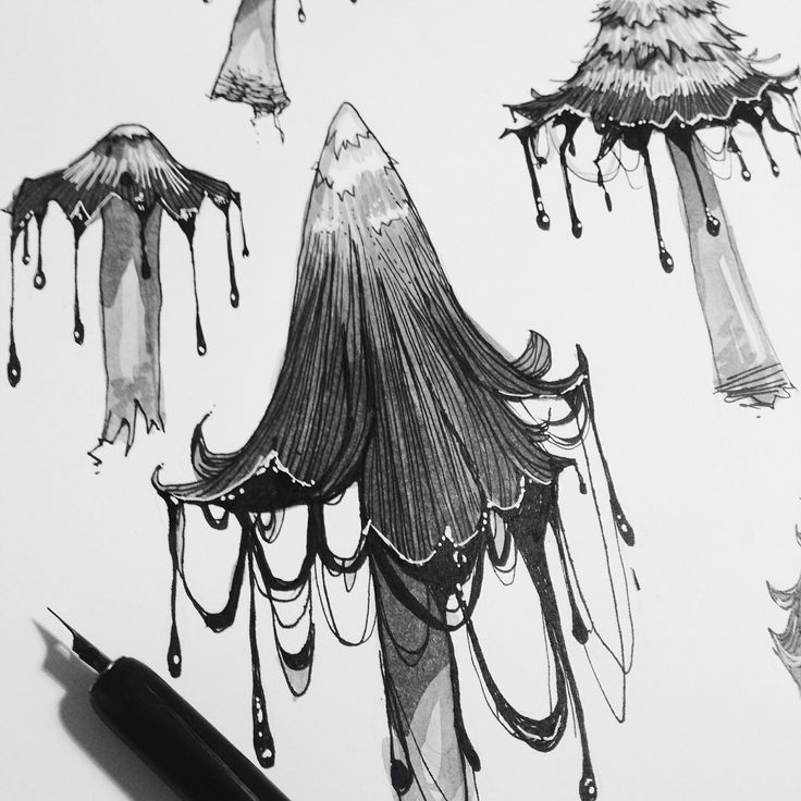 an ink drawing of umbrellas and raindrops on a sheet of white paper