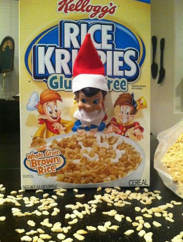 an elf's rice krispy kreme cereal box next to a bag of cereal