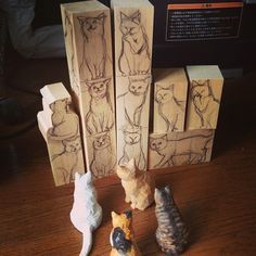 three cats are sitting next to each other on a table with some wood blocks in front of them