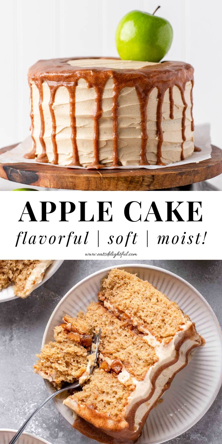 2 stacked images of apple cake: top image of apple cake on cake stand and bottom image of cake slice in plate Vanilla Cake With Apple Filling, Apple Cinnamon Birthday Cake, Fresh Apple Layer Cake Recipe, Apple And Caramel Cake, Brown Sugar Apple Cake, Layered Apple Cake Recipe, The Best Apple Cake, Apple Pie Layer Cake, Apple Cake With Maple Frosting