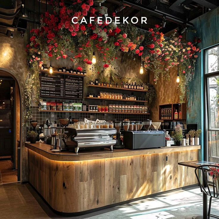 a coffee shop with flowers hanging from the ceiling