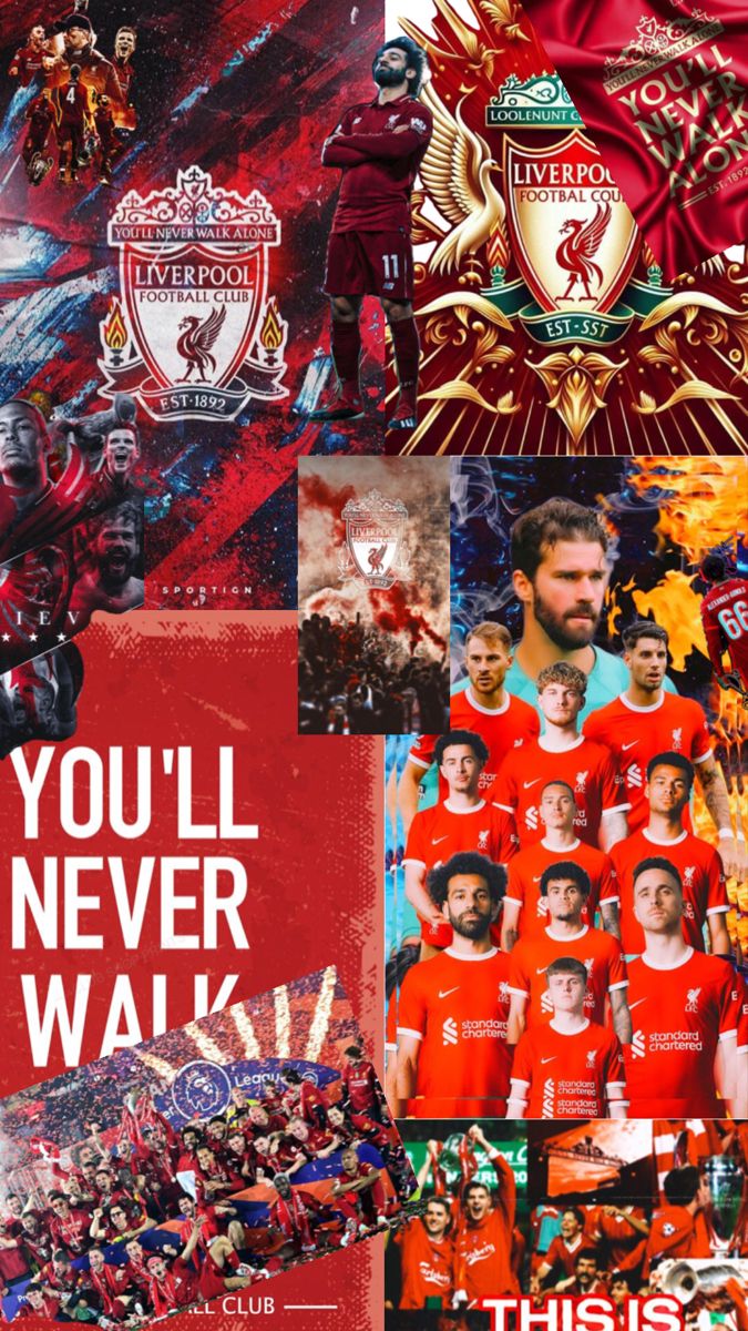 the liverpool football team collage is shown in red and gold, with an image of their