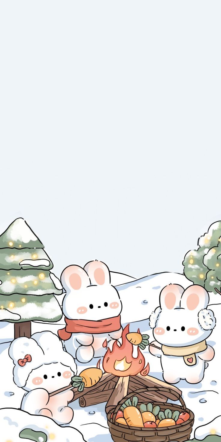 an animated image of rabbits in the snow with carrots and other food items around them