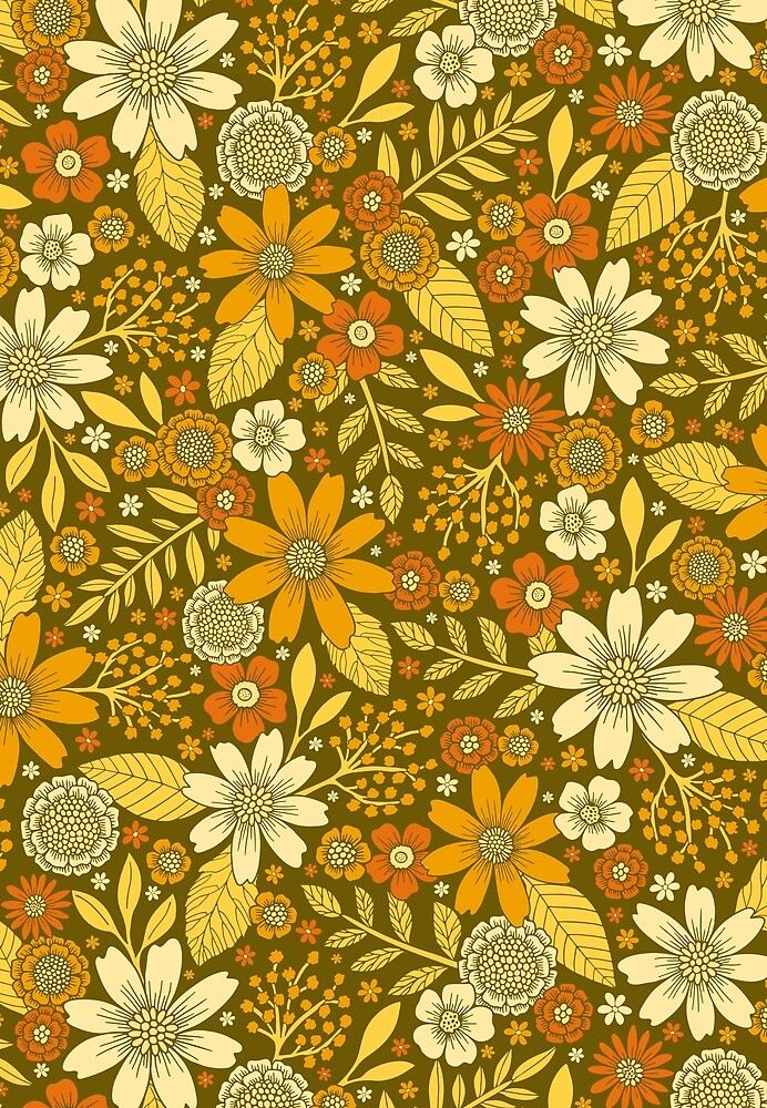 an orange and yellow floral pattern on a brown background with leaves, flowers, and berries