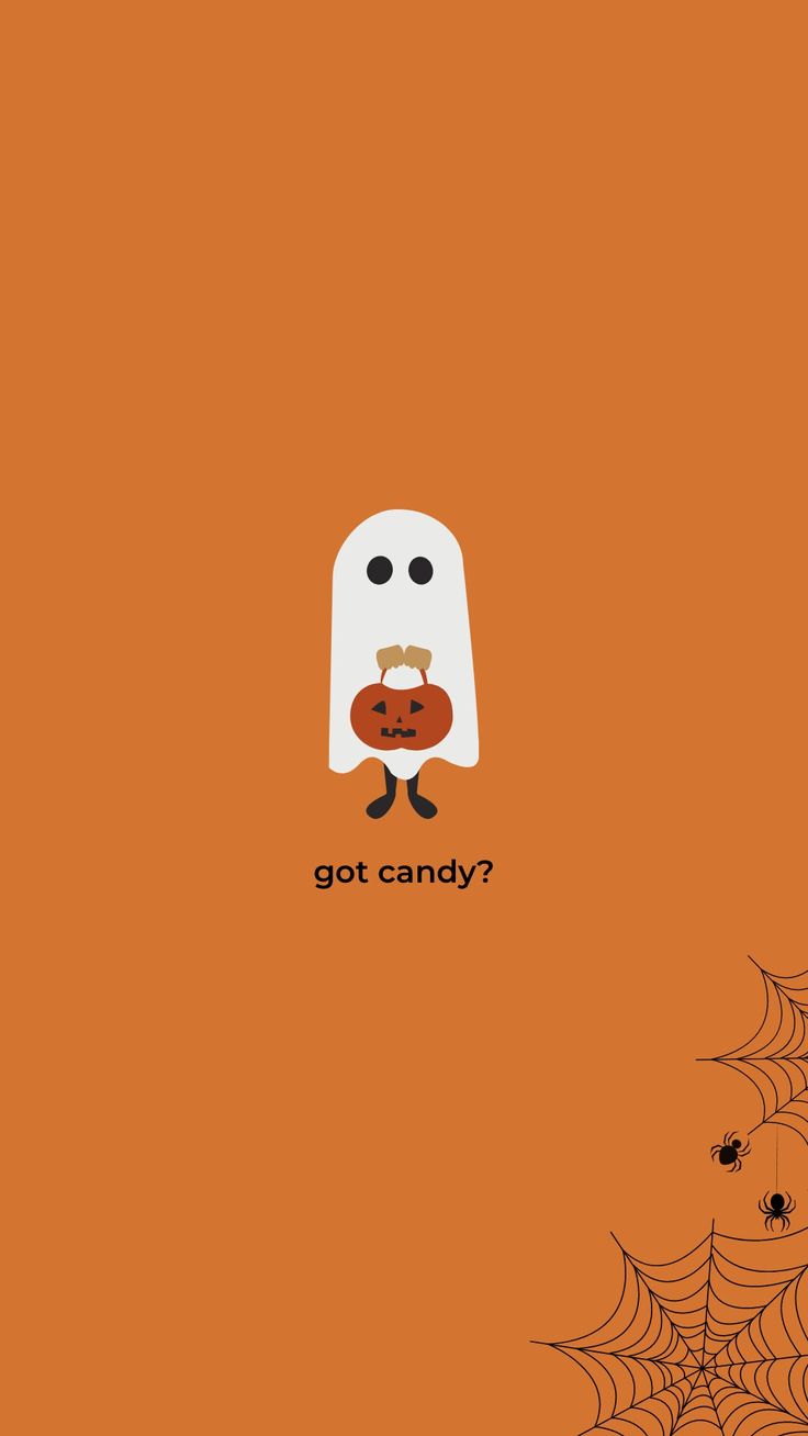 an orange halloween background with a ghost and spider web on the bottom right hand corner that says, got candy?