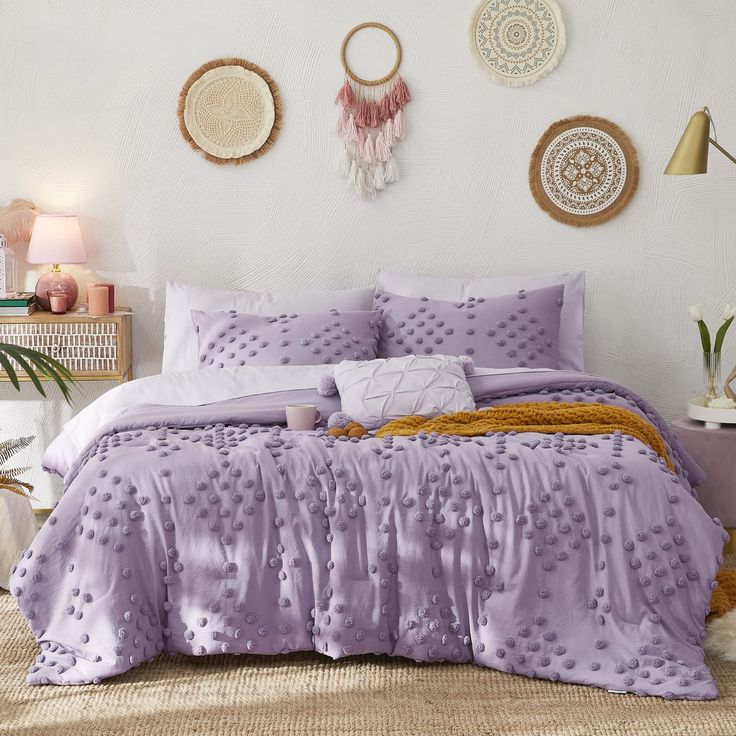 PRICES MAY VARY. MATERIAL: This twin bedding features a year-round pre-washed microfiber fabric. The hypoallergenic filling in the comforter, made of ultra fine fibers, provides exceptional warmth and coziness. POM TUFTED DESIGN: Thick tufted pompom, this purple comforter is designed in unique boho style with diamond motifs, also coming with a pintuck décor pillow, which perfectly endows your bedroom in a chic and luxury style. Also suitable for dorm bedding. PACKAGE & SIZE: Reasonable price mor Purple Comforter Set, Shabby Chic Embroidery, Purple Comforter, Comforter Sets Boho, Full Comforter Sets, Boho Comforters, Twin Bedding, Tissue Pom Poms, Purple Bedding