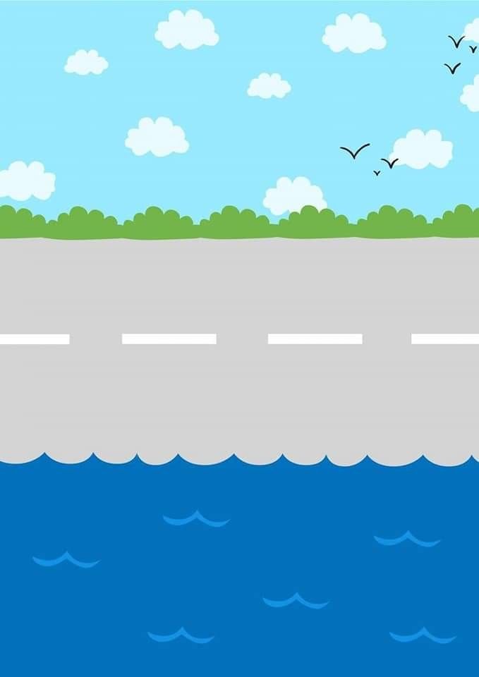 an image of a road going through the water with seagulls flying over it