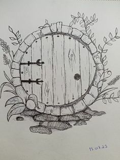 a drawing of a wooden barrel with an arrow in the middle and leaves around it