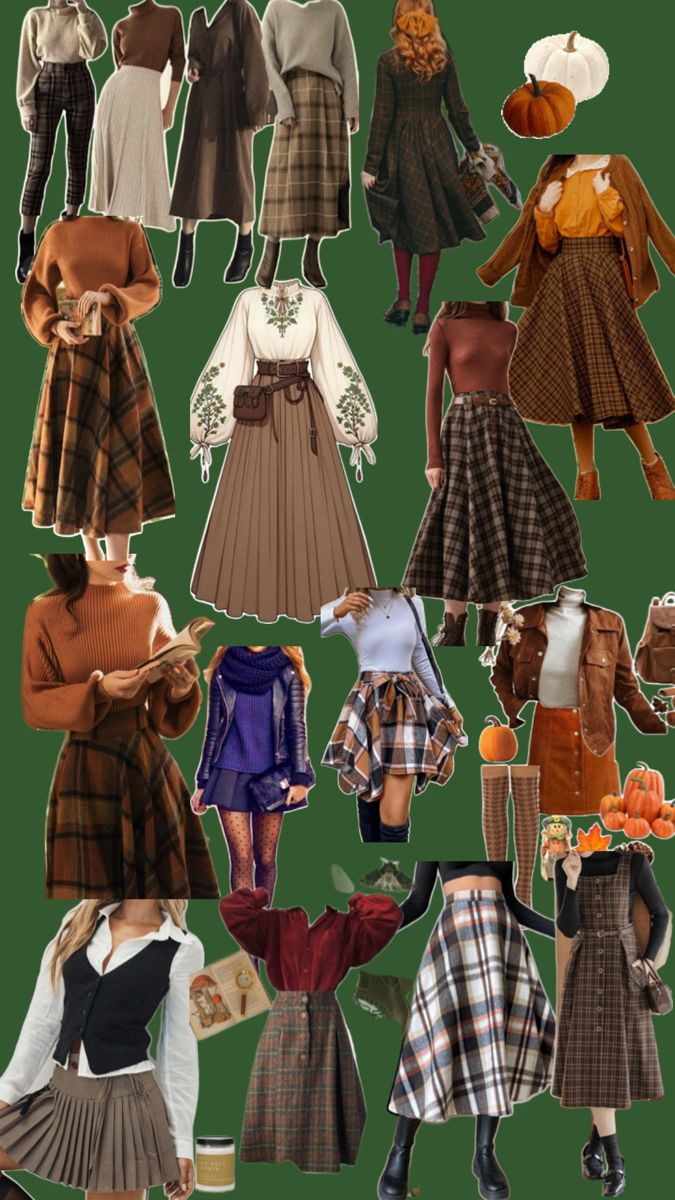 Fall outfits, pleated skirts, plaid skirts and sweaters Plaid Costume Ideas, Skirts For College, Brown Plaid Skirt Outfit Fall, Curdoroy Skirt Outfit Womens, Fall Plaid Skirt Outfit, Fall Plaid Outfit, Flared Skirt Outfit, Short Ruffle Skirt Outfit, Fall Outfit Skirt