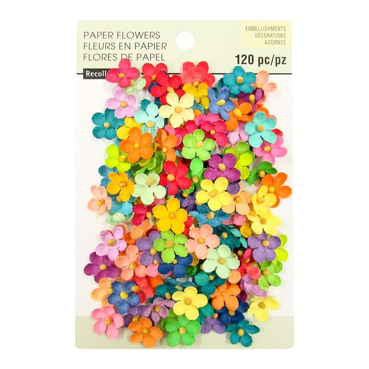 a pack of colorful paper flowers on a white background