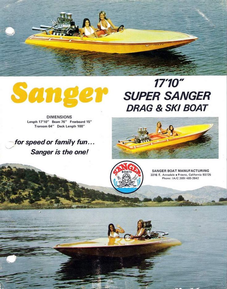 an advertisement for a speed boat with two people on it