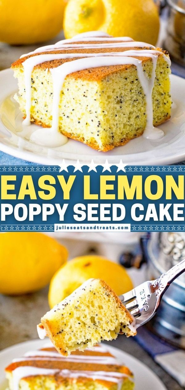 lemon poppy seed cake on a plate with a fork