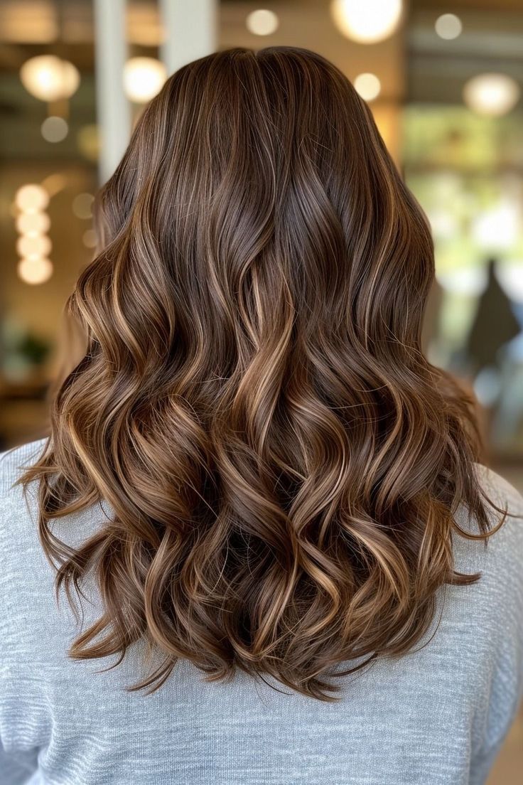 Different Haircuts For Wavy Hair, Curled Hair Styles For Weddings, Mid Hair Waves, Brown Curled Hairstyles, Highlights Brown Hair Mid Length, Soft Waves Mid Length Hair, Wedding Hair Down Mid Length, Curls On Mid Length Hair, Mid Length Curled Hairstyles