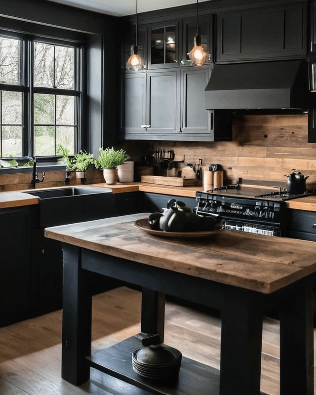 a kitchen with black cabinets and an island in front of the stove, sink and oven